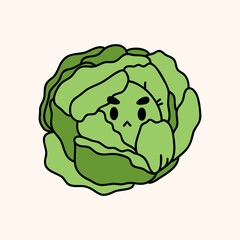 Cute cabbage head farm organic vegetable. Hand draw illustration. Kawaii face. Doodle style. Vector on isolated background. For printing on paper and fabric, children's illustration
