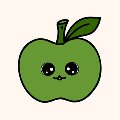 Cute green apple farm organic fruit. Hand draw illustration. Kawaii face. Doodle style. Vector on isolated background. For printing on paper and fabric, children's illustration