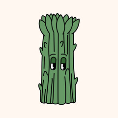 Cute asparagus farm organic vegetable. Hand draw illustration. Kawaii face. Doodle style. Vector on isolated background. For printing on paper and fabric, children's illustration
