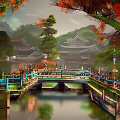 Fototapeta premium Ancient Japoneese Village with Chanels