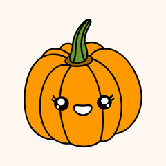 Cute pumpkin farm organic vegetable. Hand draw illustration. Kawaii face. Doodle style. Vector on isolated background. For printing on paper and fabric, children's illustration