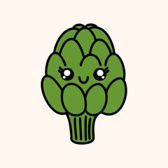 Cute artichoke farm organic vegetable. Hand draw illustration. Kawaii face. Doodle style. Vector on isolated background. For printing on paper and fabric, children's illustration