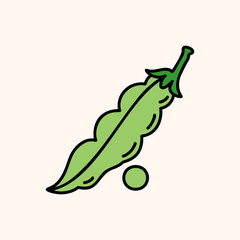 Cute green pea pod farm organic vegetable. Hand draw illustration. Kawaii face. Doodle style. Vector on isolated background. For printing on paper and fabric, children's illustration