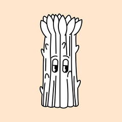 Cute asparagus farm organic vegetable. Hand draw illustration. Kawaii face. Doodle style. Vector on isolated background. For printing on paper and fabric, children's illustration