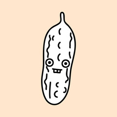 Cute cucumber farm organic vegetable. Hand draw funny illustration. Kawaii face. Doodle style. Vector on isolated background. For printing on paper and fabric, children's illustration