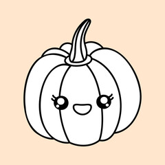 Cute pumpkin farm organic vegetable. Hand draw illustration. Kawaii face. Doodle style. Vector on isolated background. For printing on paper and fabric, children's illustration