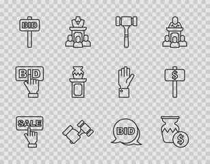 Set line Price tag with Sale, Auction ancient vase, hammer, Hand holding auction paddle, Bid and icon. Vector