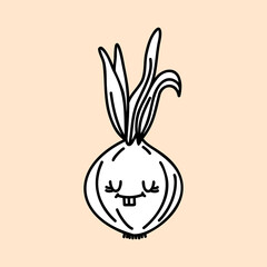 Cute onion farm organic vegetable. Hand draw illustration. Kawaii face. Doodle style. Vector on isolated background. For printing on paper and fabric, children's illustration