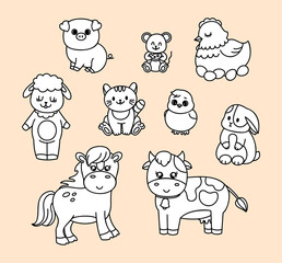 Farm animals set - cat, horse, chicken, chicken, pig, sheep, cow. Hand draw illustration. Kawaii face. Doodle style. Vector on isolated background. For kids printing and web