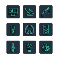 Set line Guitar, Microphone, Music note, tone, Audio jack, Headphones, player, Computer with music and Stereo speaker icon. Vector