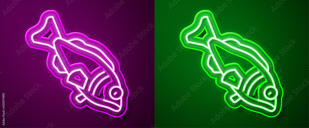 Wall mural glowing neon line fish icon isolated on purple and green background. vector