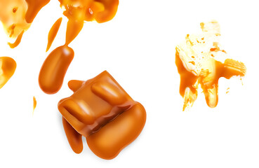 Sweet melted caramel with sauce flowing on caramel candy isolated on white background. Top view. Flat lay.