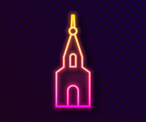 Glowing neon line Church building icon isolated on black background. Christian Church. Religion of church. Vector