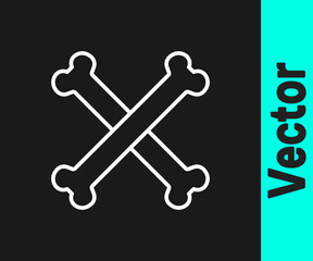 White line Crossed bones icon isolated on black background. Pets food symbol. Happy Halloween party. Vector