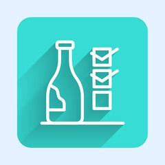 White line Bottle of wine icon isolated with long shadow background. Green square button. Vector
