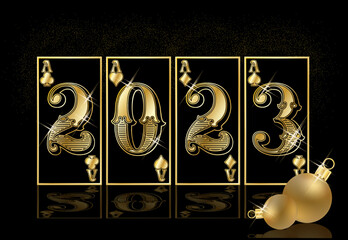 Happy New 2023 year. Christmas Casino background with poker cards and xmas balls, vector illustration	