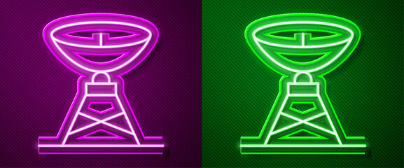 Glowing neon line Satellite dish icon isolated on purple and green background. Radio antenna, astronomy and space research. Vector