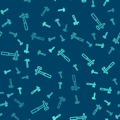 Green line Hammer icon isolated seamless pattern on blue background. Tool for repair. Vector