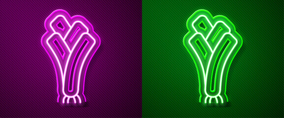 Glowing neon line Leek icon isolated on purple and green background. Vector