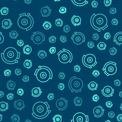 Green line Ringing alarm bell icon isolated seamless pattern on blue background. Fire alarm system. Service bell, handbell sign, notification symbol. Vector