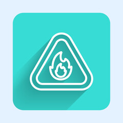 White line Fire flame in triangle icon isolated with long shadow background. Warning sign of flammable product. Green square button. Vector