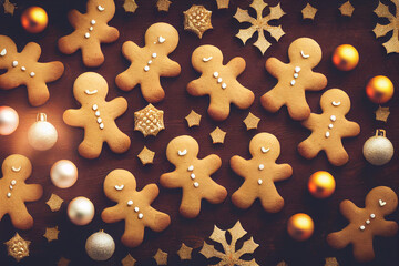 Gingerbread men cookies laid flat on dark background top view