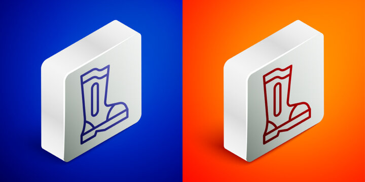 Isometric line Fire boots icon isolated on blue and orange background. Silver square button. Vector