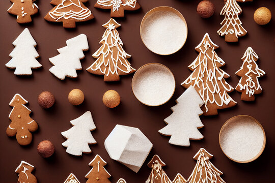 Christmas image of hot cocoa chocolate and cookies laid flat view from top