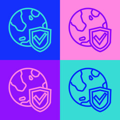 Pop art line Shield with world globe icon isolated on color background. Insurance concept. Security, safety, protection, privacy concept. Vector