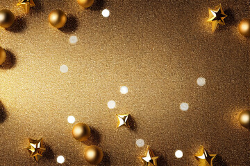 Gold glitter background with golden Christmas decorations globes frame top view laid flat wallpaper...