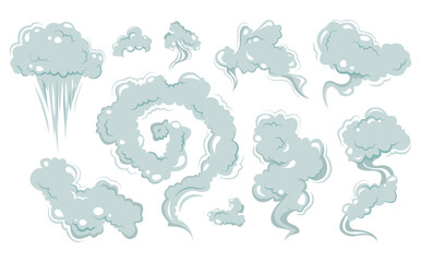 Set of gray smoke in cartoon style. Vector illustration of smoke or fog of various shapes on white background.