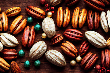 Pecan nuts laid flat on wooden background top view christmas decorations