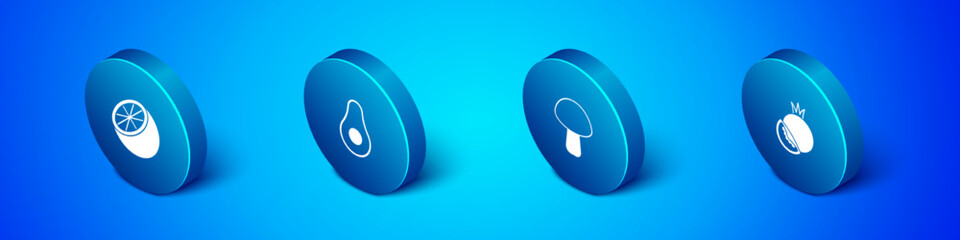 Set Isometric Orange fruit, Mushroom, Tomato and Avocado icon. Vector