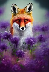 Fototapeta premium Drawing of a fox in beautiful flowers