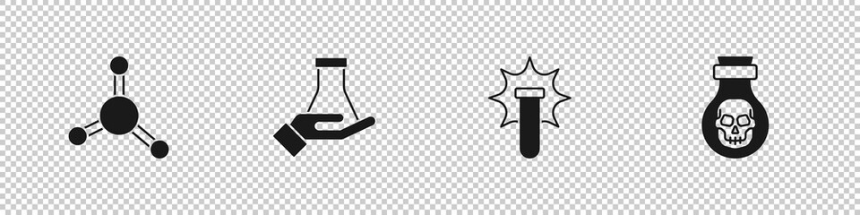 Set Molecule, Test tube and flask, Chemical explosion and Poison in bottle icon. Vector