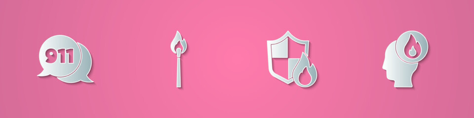 Set paper cut Telephone call 911, Burning match with fire, Fire protection shield and Firefighter icon. Paper art style. Vector