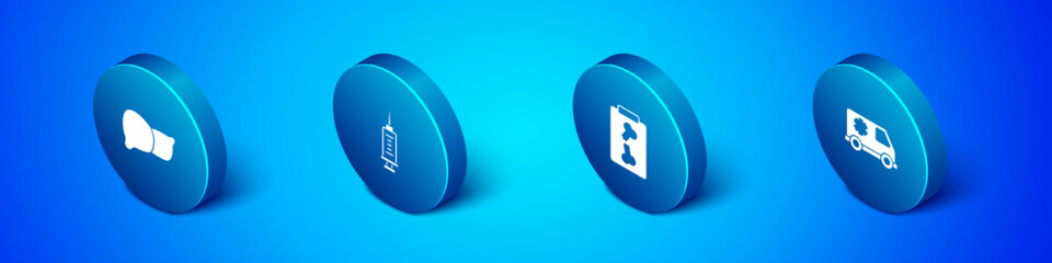 Set Isometric Human organ liver, X-ray shots, Emergency car and Syringe icon. Vector