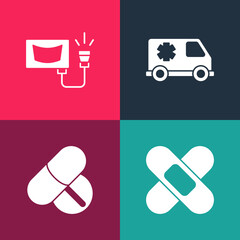 Set pop art Crossed bandage plaster, Medicine pill or tablet, Emergency car and Ultrasound icon. Vector