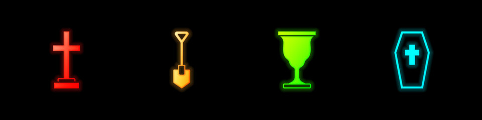 Obraz premium Set Grave with cross, Shovel, Christian chalice and Coffin icon. Vector