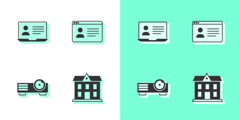 Set School building, Online class, Movie, film, media projector and icon. Vector