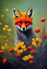 Fototapeta premium Drawing of a fox in beautiful flowers