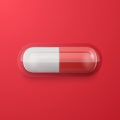Vector 3d Realistic Red Pharmaceutical Medical Pill, Capsule, Tablet on Red Background. Top, Front View. Flat Lay. Copy Space. Medicine, Women's Health Concept