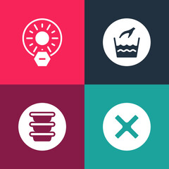 Set pop art X Mark, Cross in circle, Bowl, Hand wash laundry and No direct sunlight icon. Vector