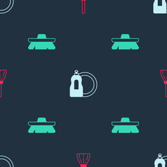 Set Handle broom, Dishwashing liquid bottle and Brush for cleaning on seamless pattern. Vector