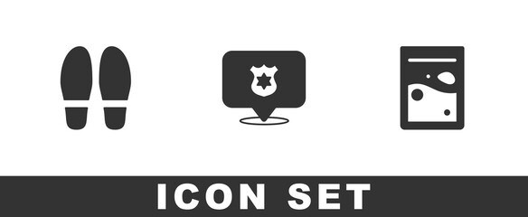 Set Footsteps, Police badge and Plastic bag of drug icon. Vector