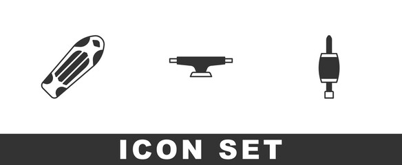 Set Skateboard deck, wheel and Screwdriver icon. Vector