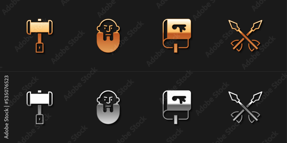 Wall mural set battle hammer, viking head, book and medieval arrows icon. vector