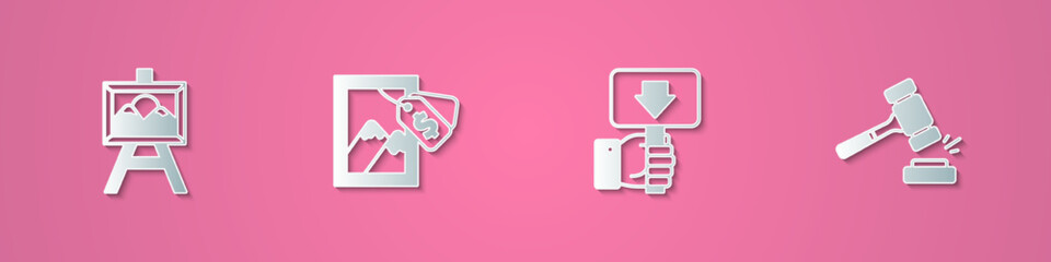 Set paper cut Auction painting, Hand holding auction paddle and hammer icon. Paper art style. Vector