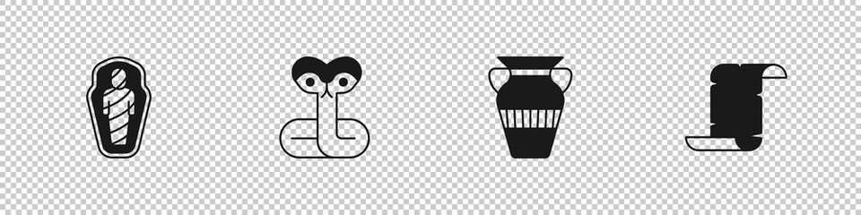 Set Egypt mummy in sarcophagus, Snake, Egyptian vase and Papyrus scroll icon. Vector
