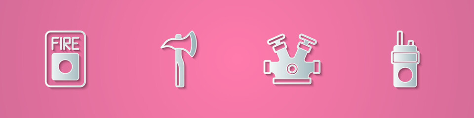 Set paper cut Fire alarm system, Firefighter axe, hydrant and Walkie talkie icon. Paper art style. Vector
